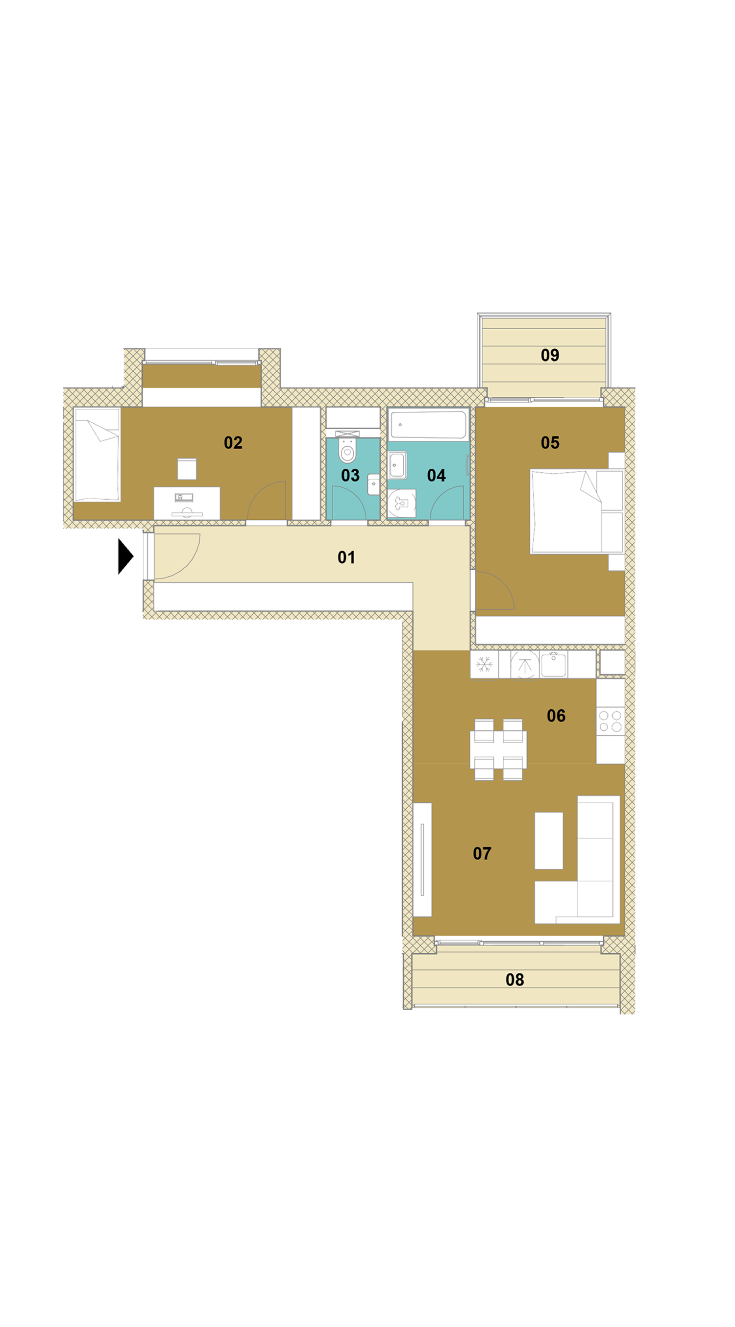 Trojizbový byt s balkónom a loggiou D1-201