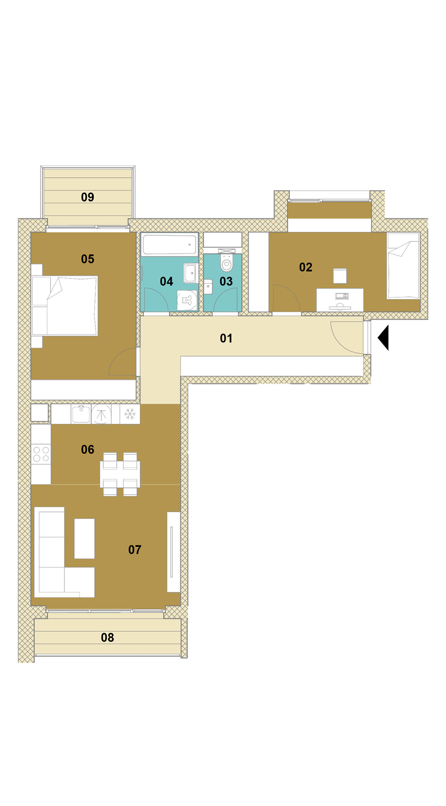 Trojizbový byt s balkónom a loggiou D1-206