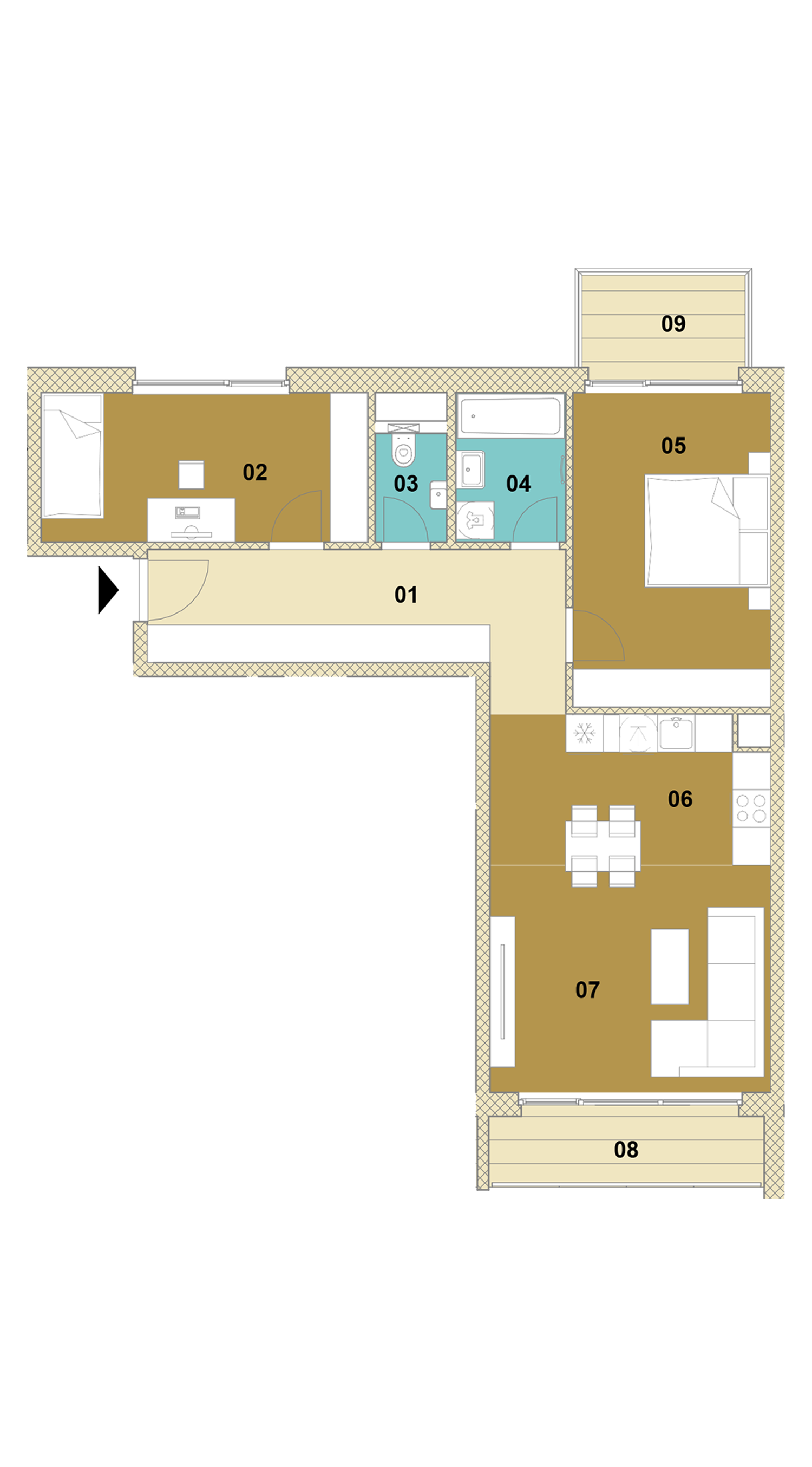 Trojizbový byt s balkónom a loggiou D1-301