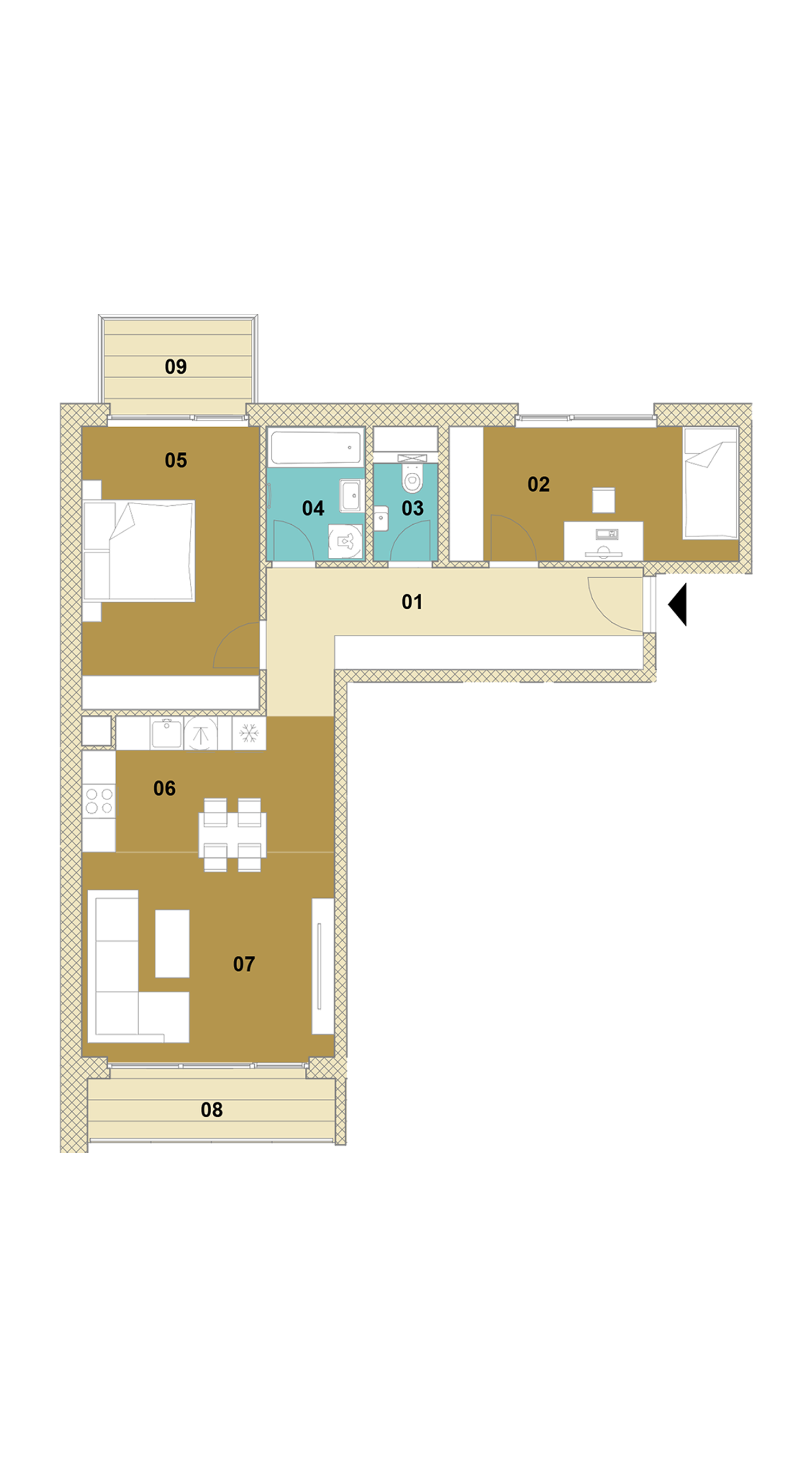 Trojizbový byt s balkónom a loggiou D1-306