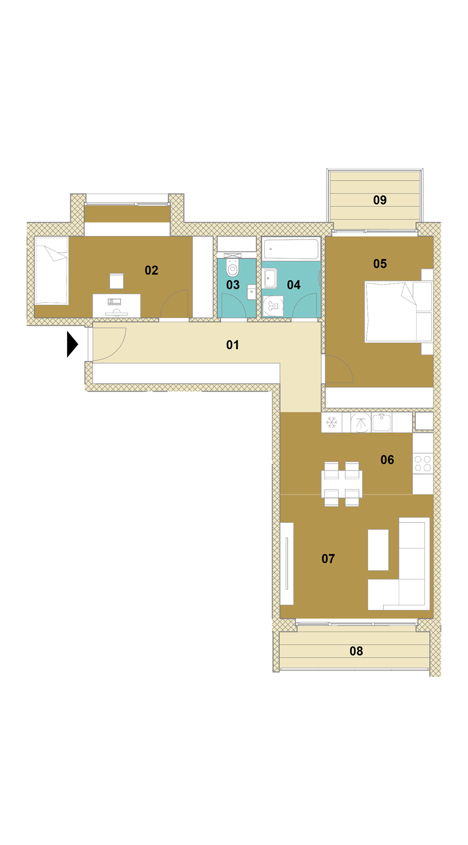 Trojizbový byt s balkónom a loggiou D1-401