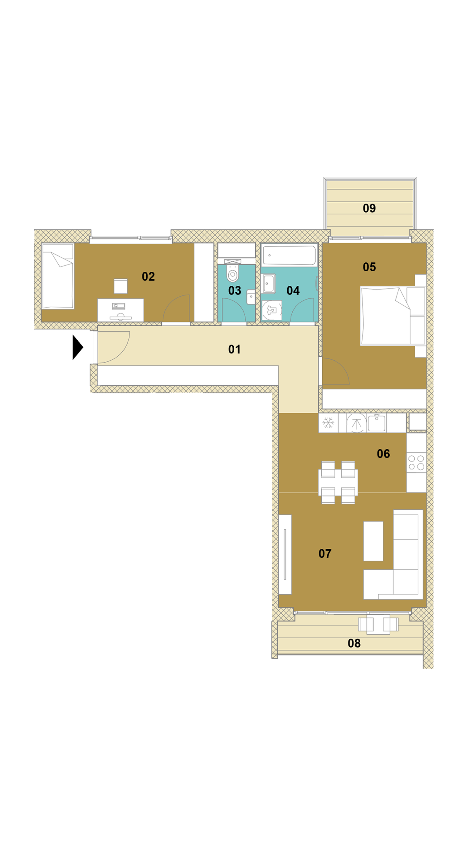 Trojizbový byt s balkónom a terasou D1-501