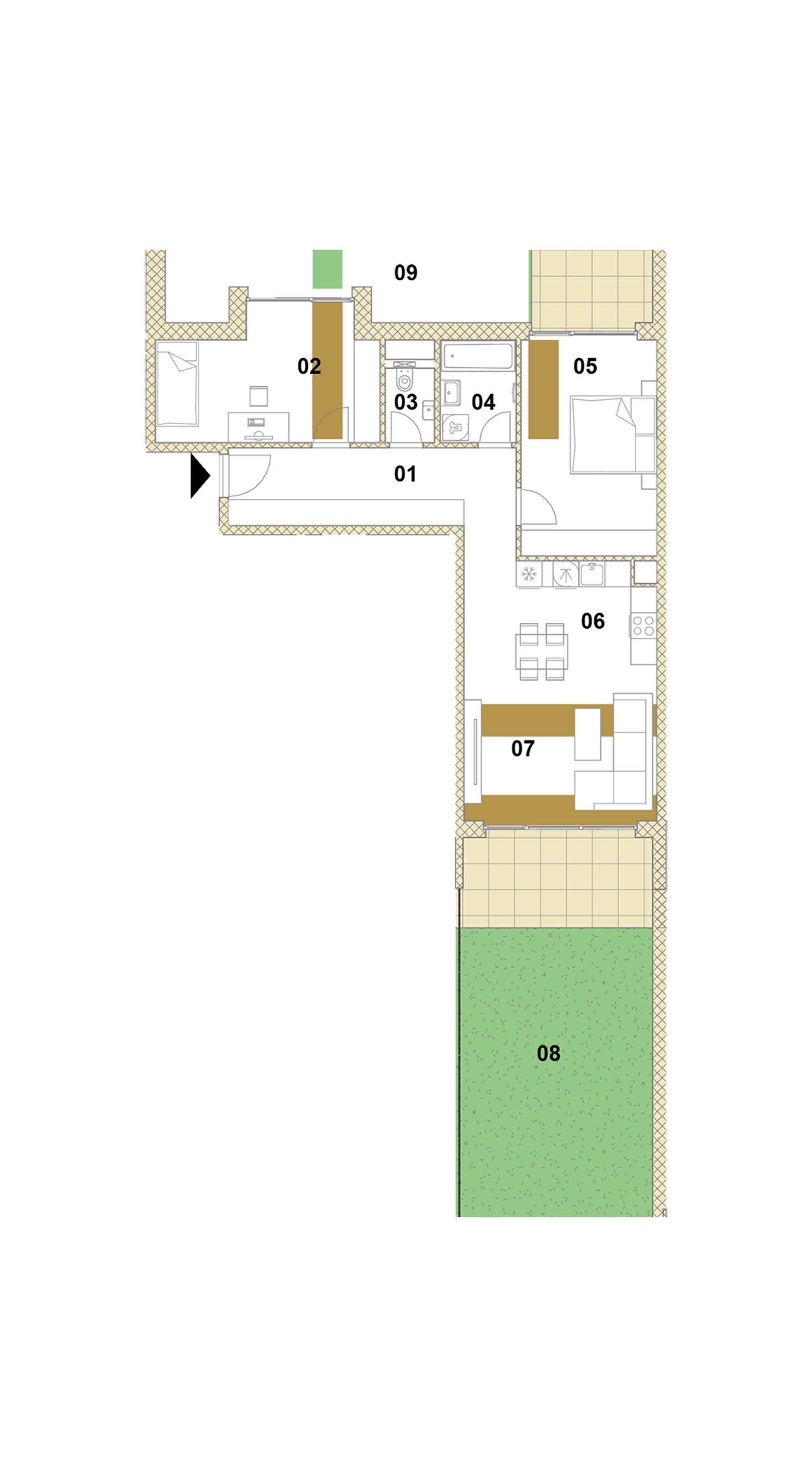Trojizbový byt s balkónom, loggiou a záhradou D2-101