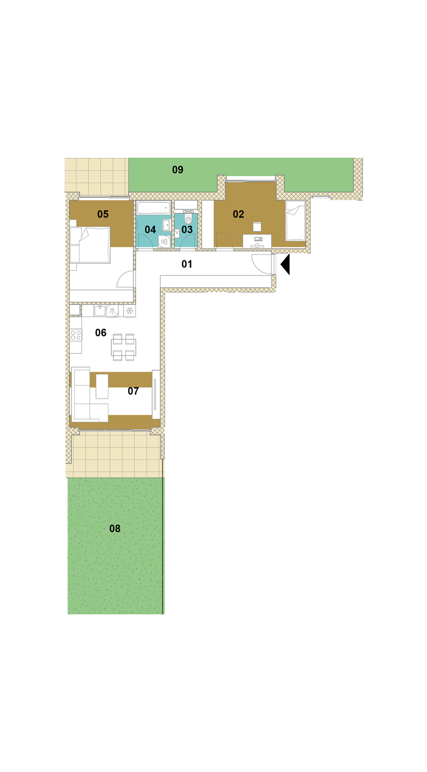 Trojizbový byt s balkónom, loggiou a záhradou D2-106