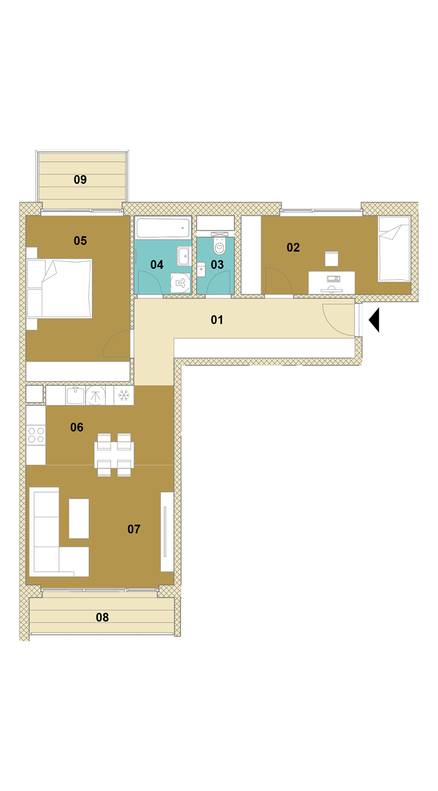 Trojizbový byt s balkónom a loggiou D2-206