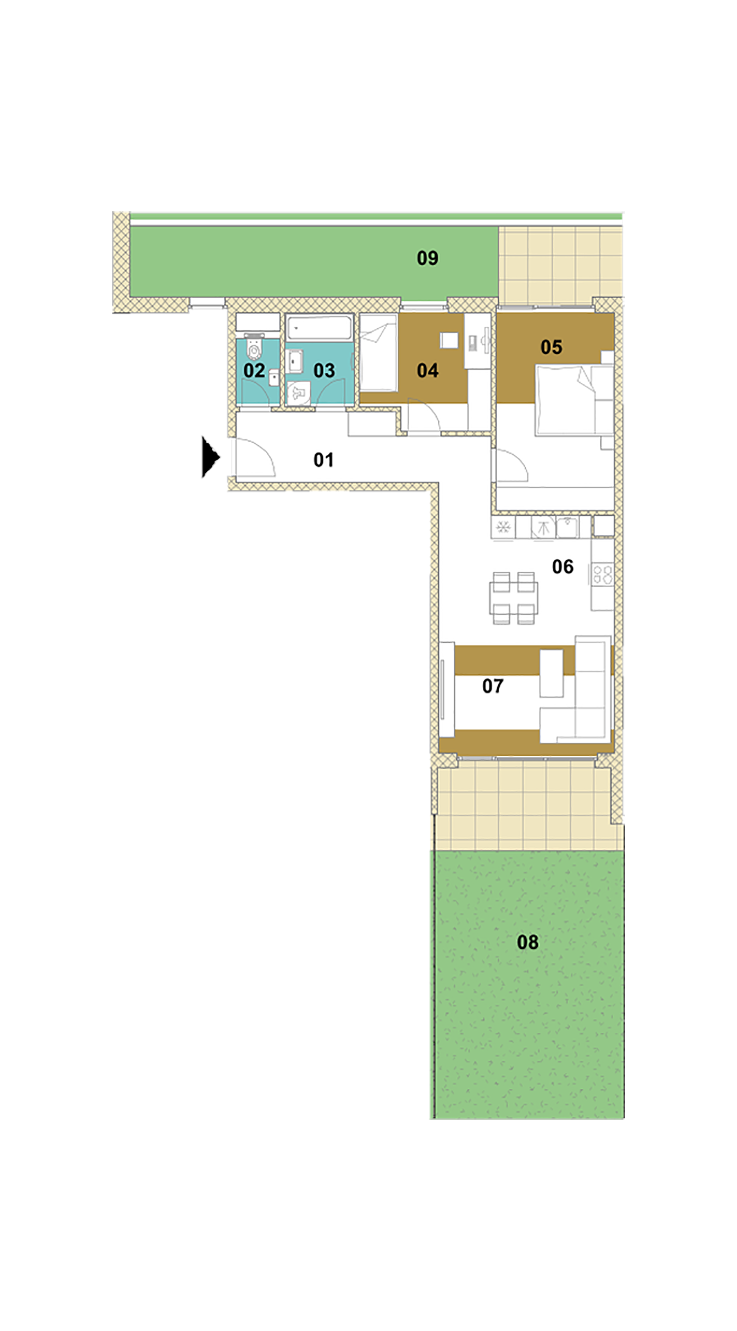Trojizbový byt s balkónom, loggiou a záhradou E1-101