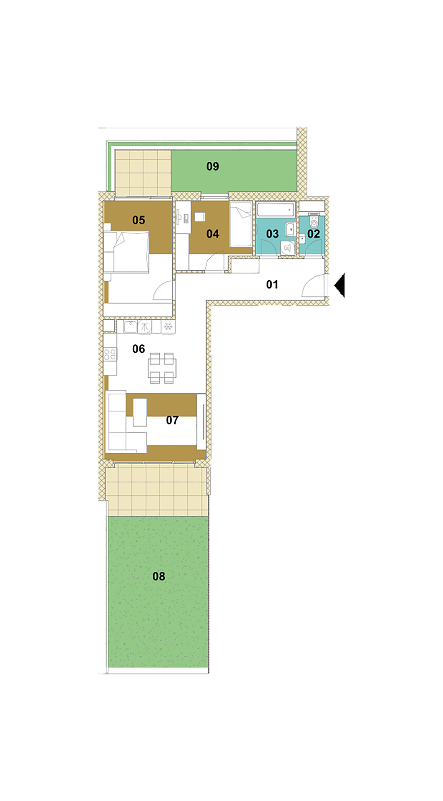 Trojizbový byt s balkónom, loggiou a záhradou E1-105