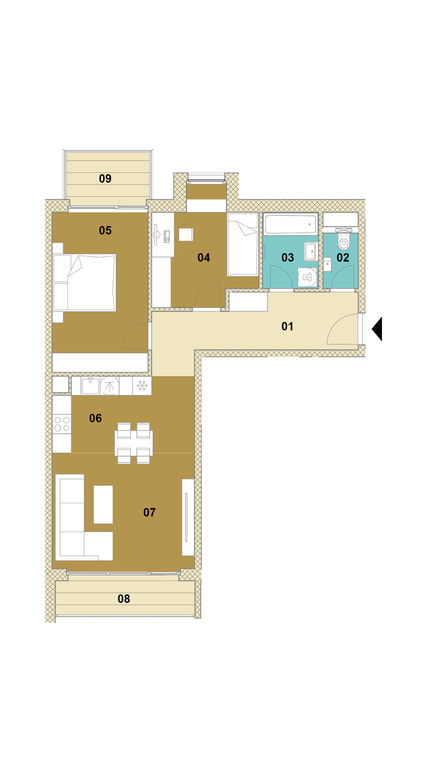 Trojizbový byt s balkónom a loggiou E1-205