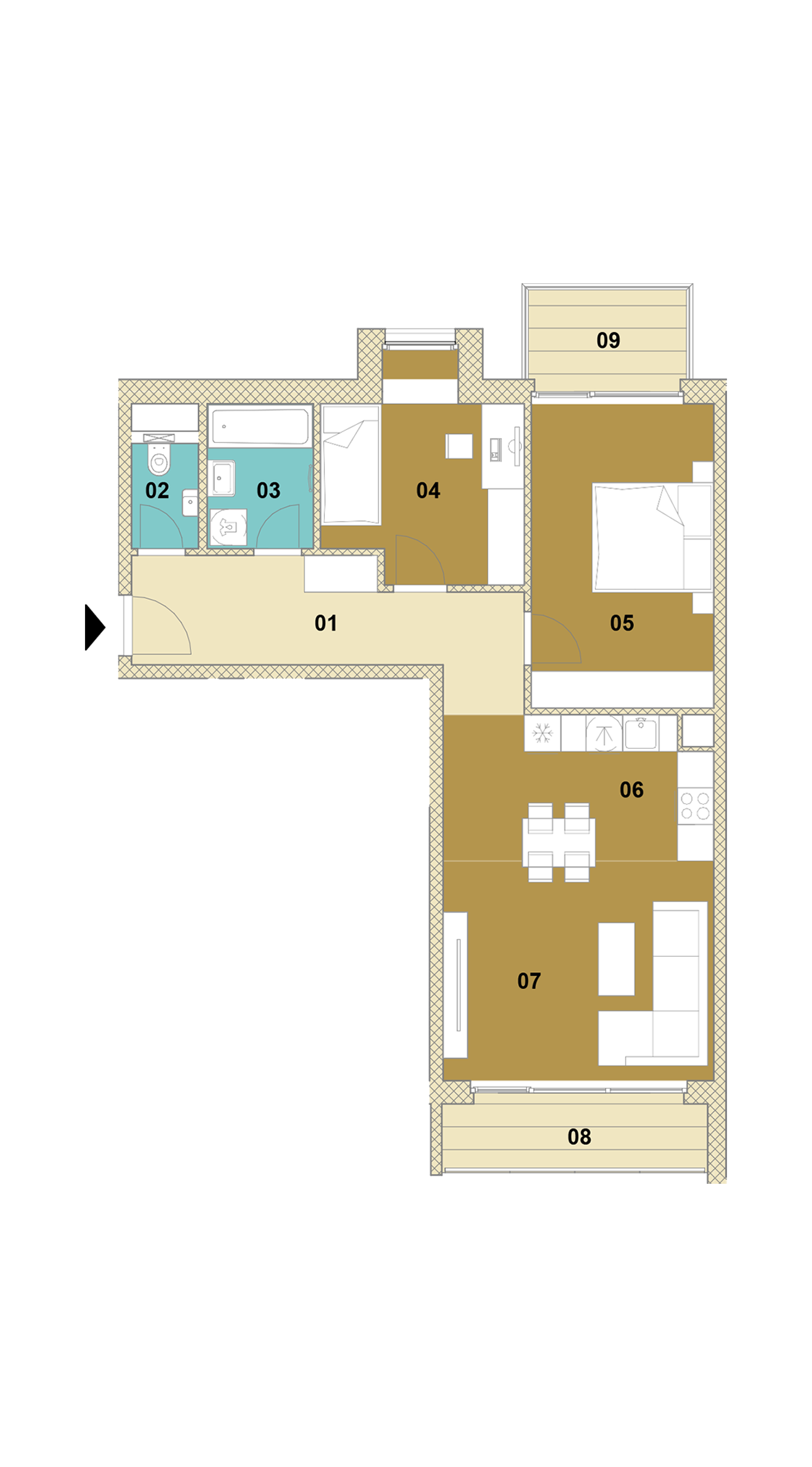 Trojizbový byt s balkónom a loggiou E1-401