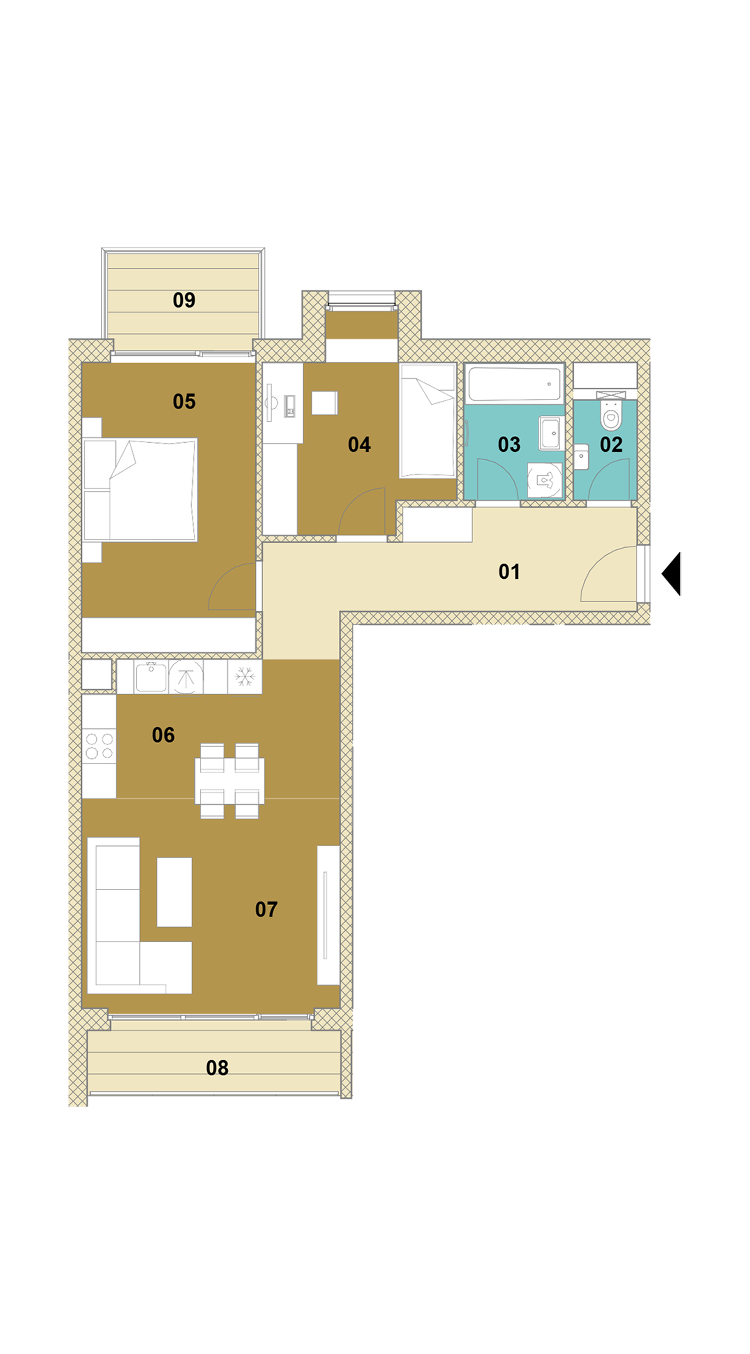 Trojizbový byt s balkónom a loggiou E1-405