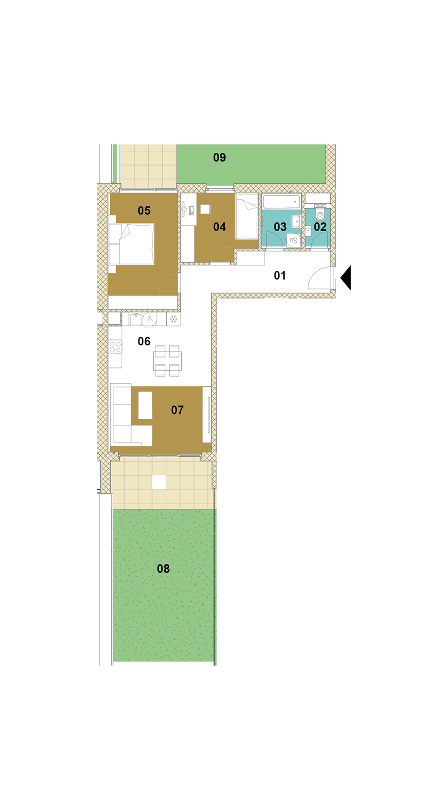 Trojizbový byt so záhradou E2-105