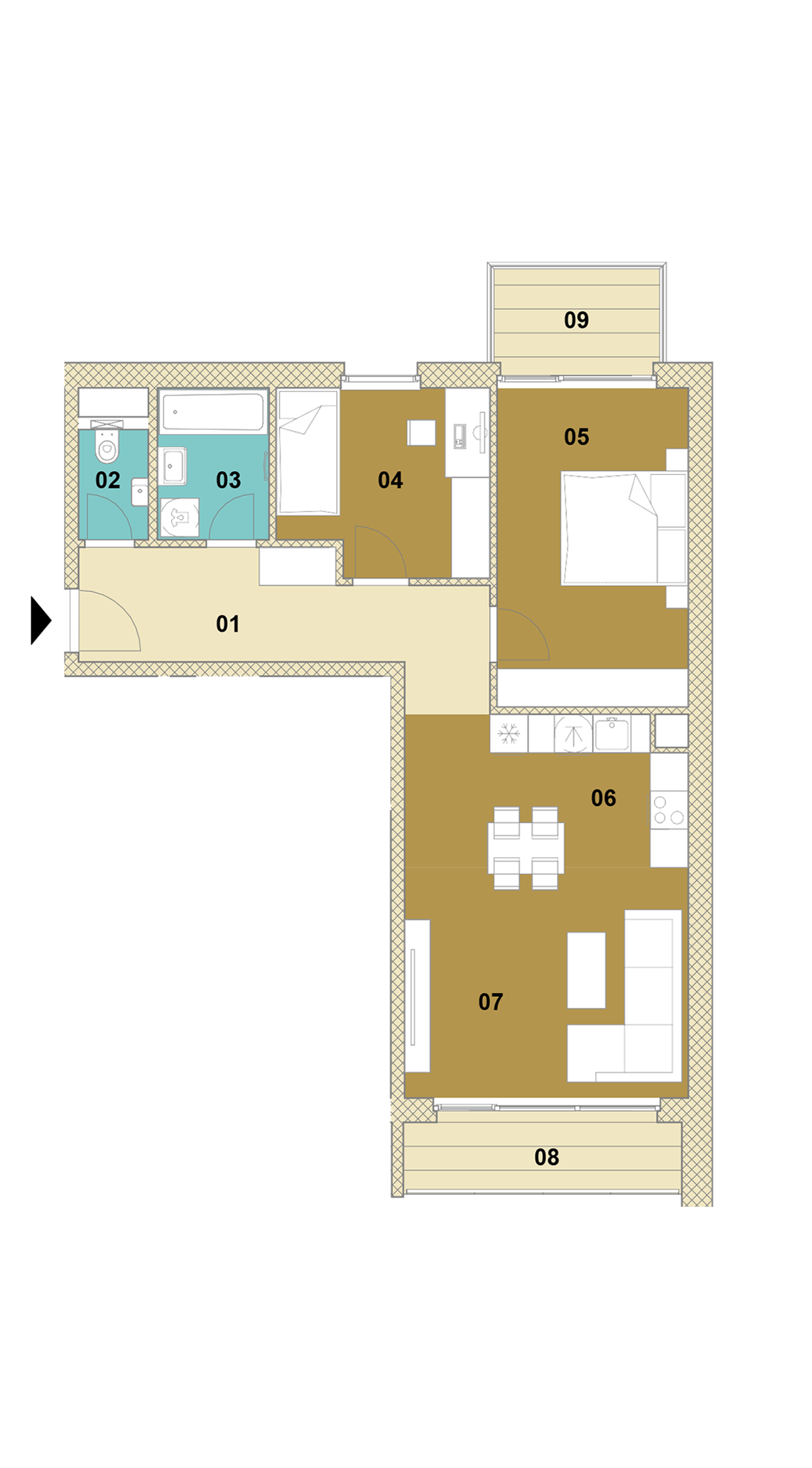 Trojizbový byt s balkónom a terasou E2-401